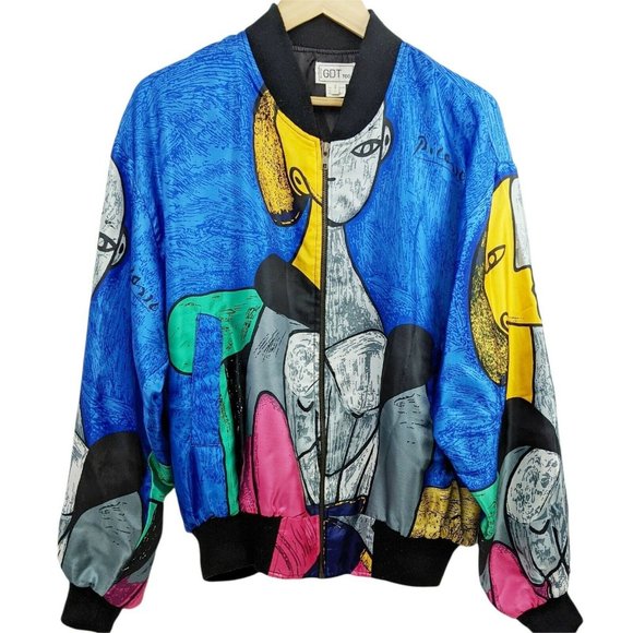 Vintage Jackets & Blazers - Vintage Picasso Abstract All Over Print Satin Bomber Jacket GDT Too One Size